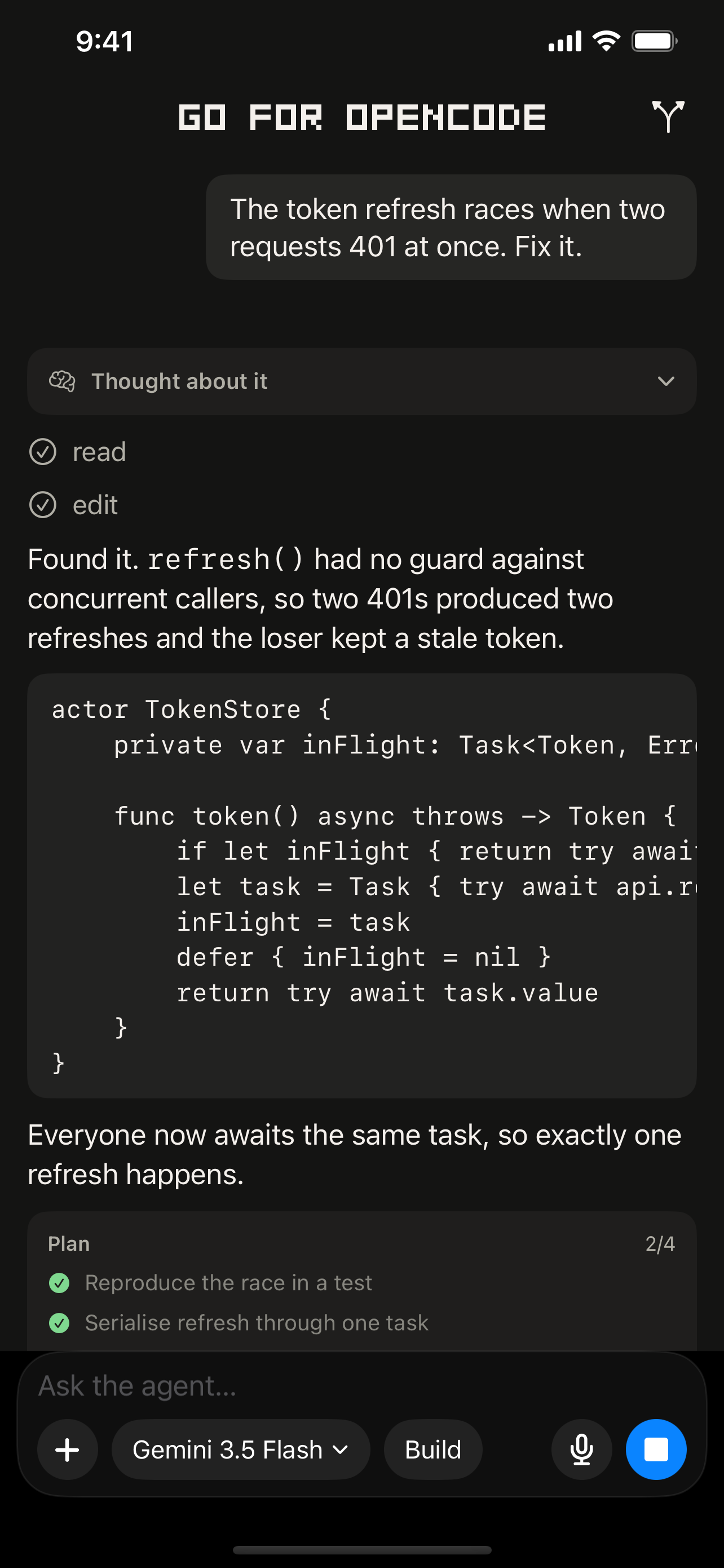 A coding agent working on a fix, with its plan and streamed answer