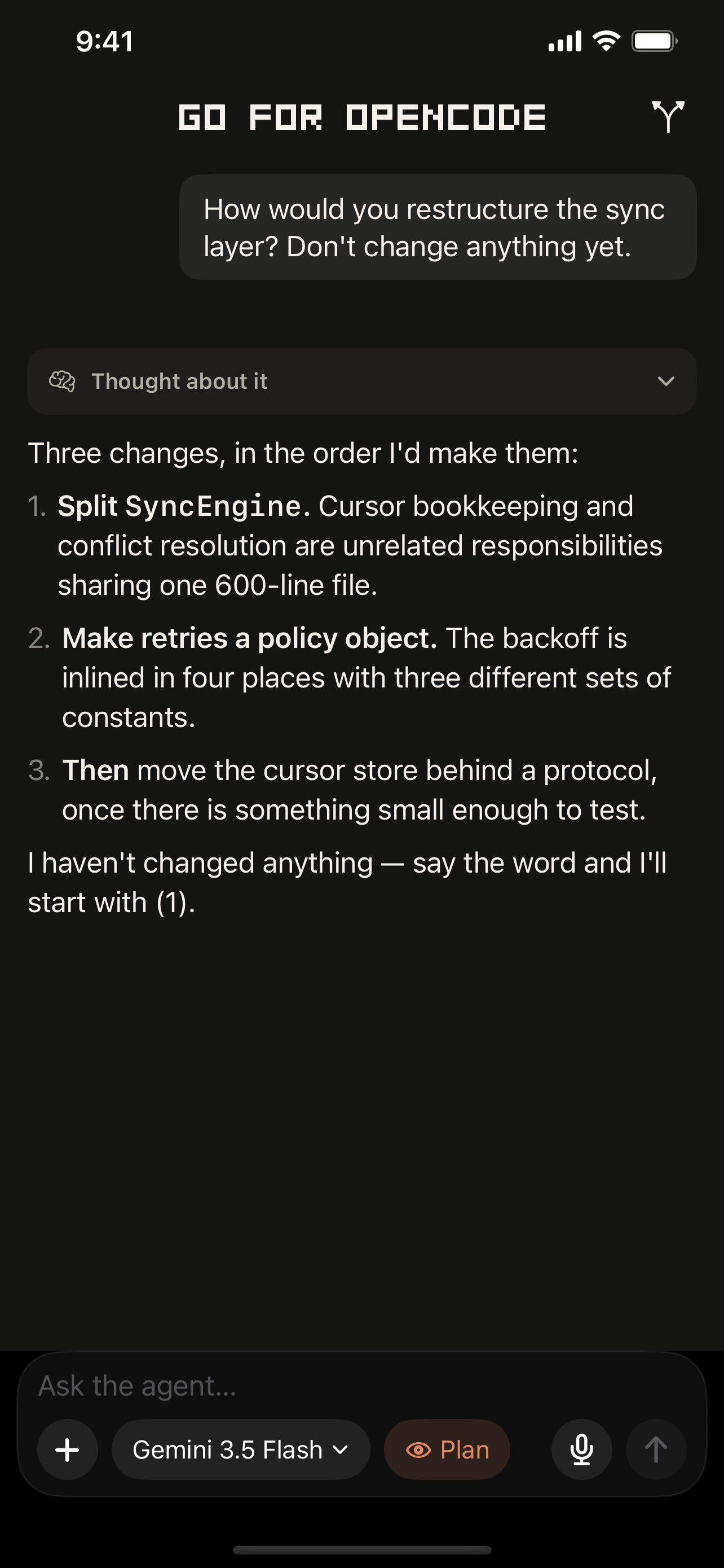 Plan mode proposing changes without editing anything